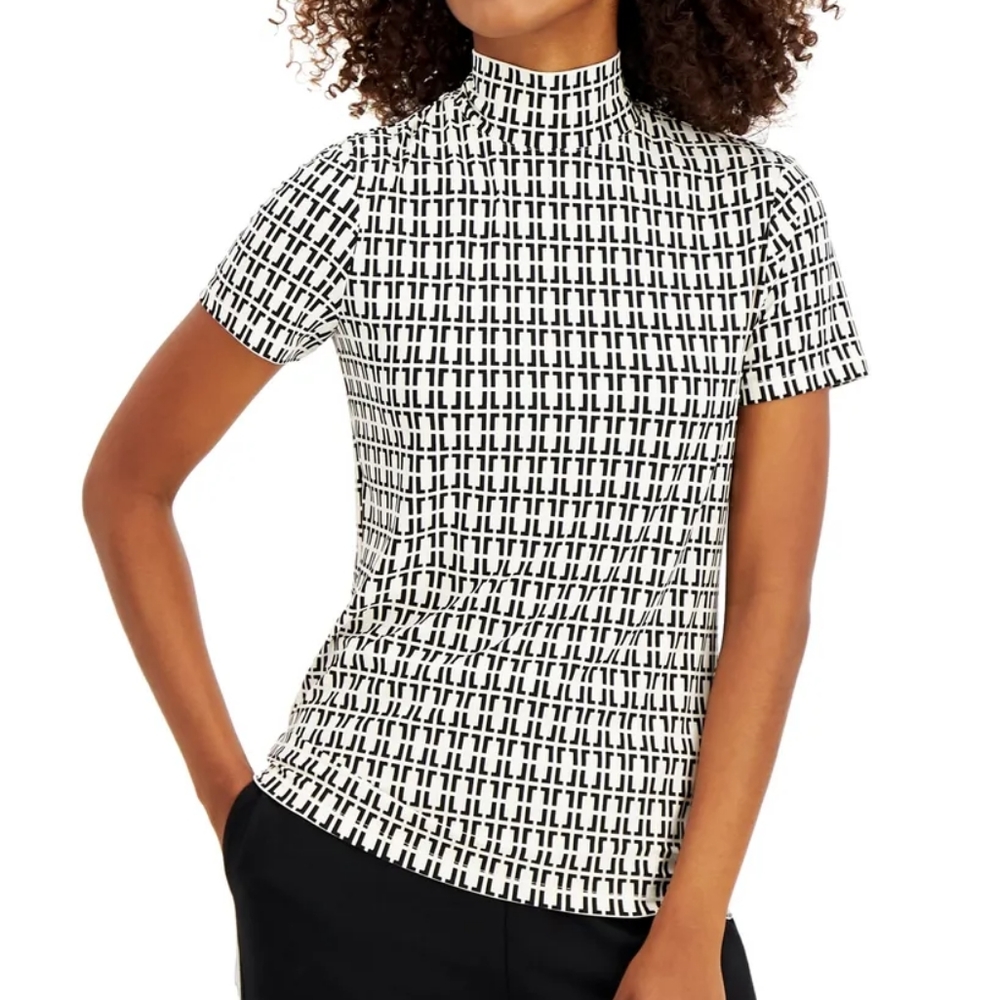 NWT Anne Klein geometric mock neck short sleeve top size S